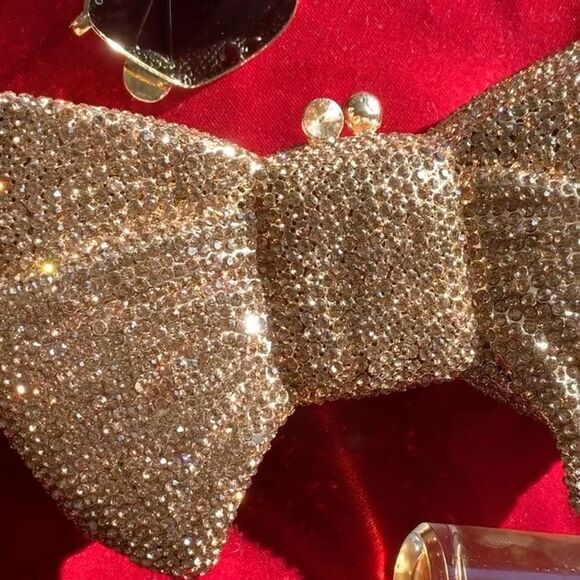 Gold Embellished Crystal Studded Bow Shaped Clutch Purse Luxury Cocktail - Picture 5 of 7